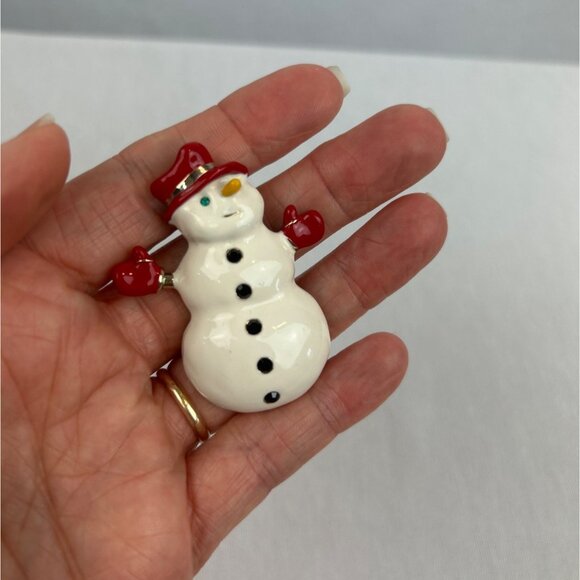 Vintage Snowman Brooch Pin Holiday Christmas White Red Goldtone - Picture 6 of 6